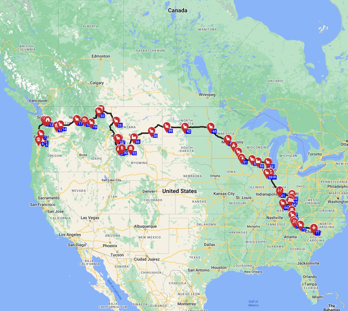 Map for Portland to Charlotte Roadtrip Adventure